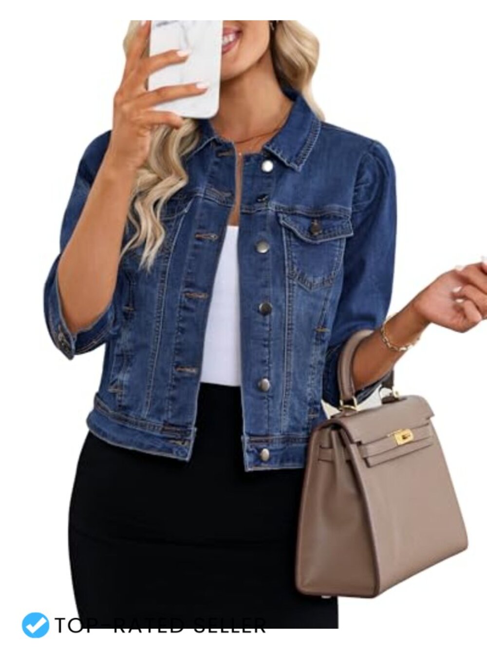 Women's Cropped Denim Jacket Stretchy 3/4 Puff Sleeve Distressed Shacket